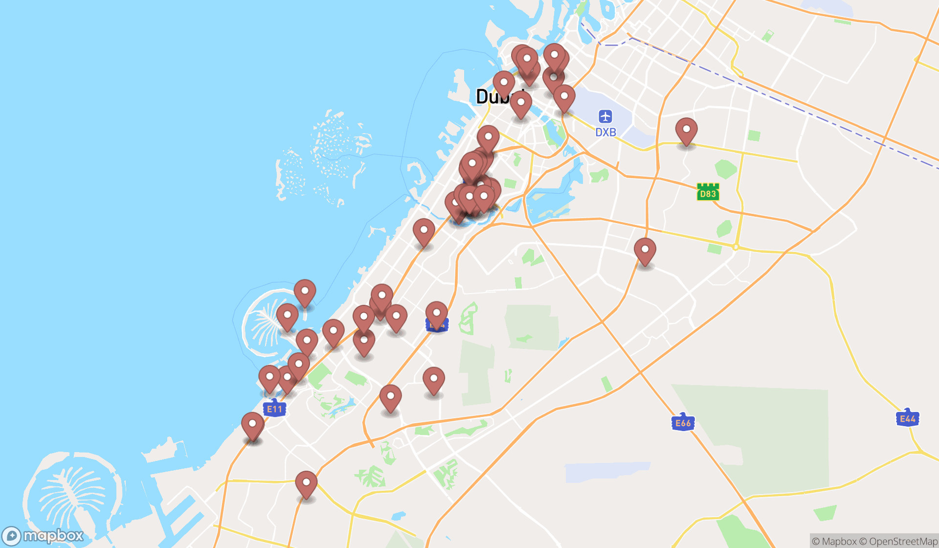 Map showing the search results in Dubai