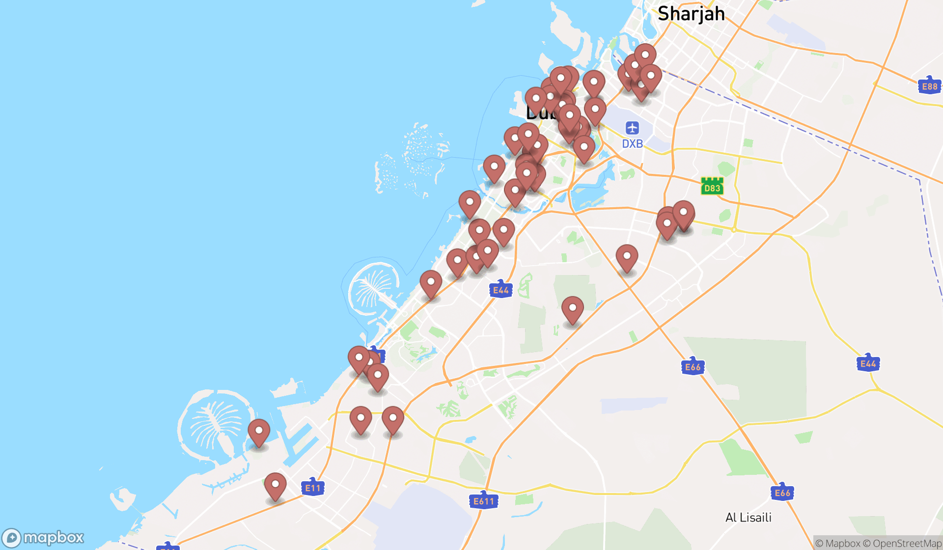 Map showing the search results in Dubai