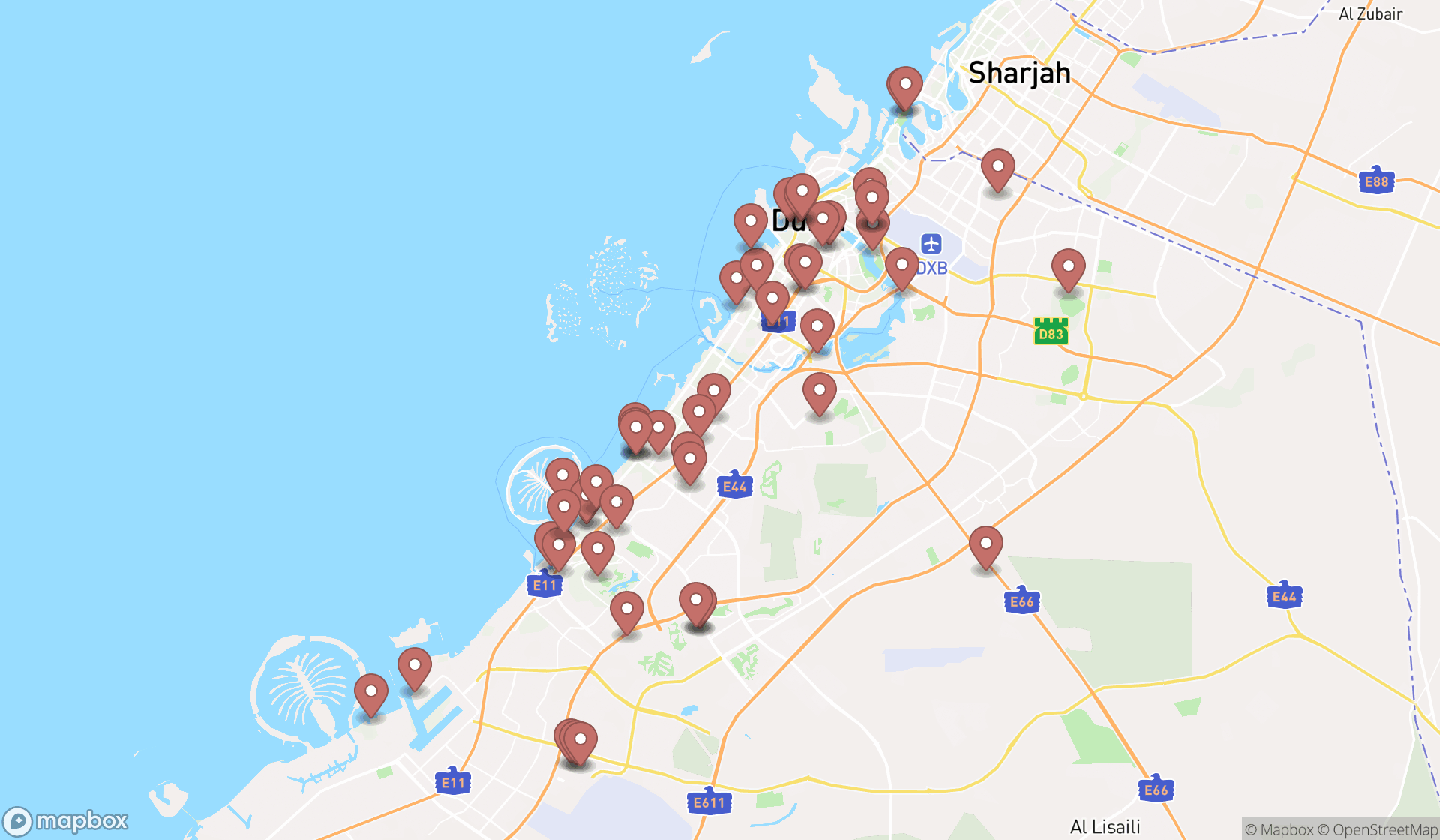 Map showing the search results in Dubai