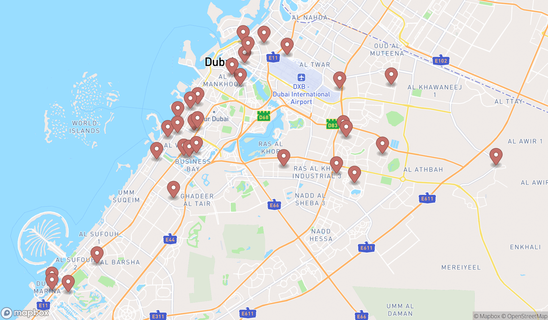 Map showing the search results in Dubai