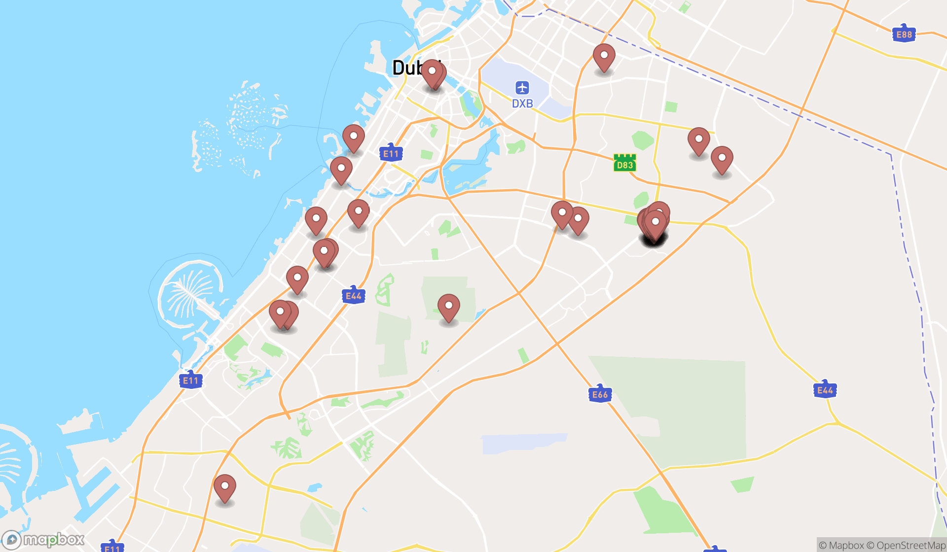 Map showing the search results in Dubai