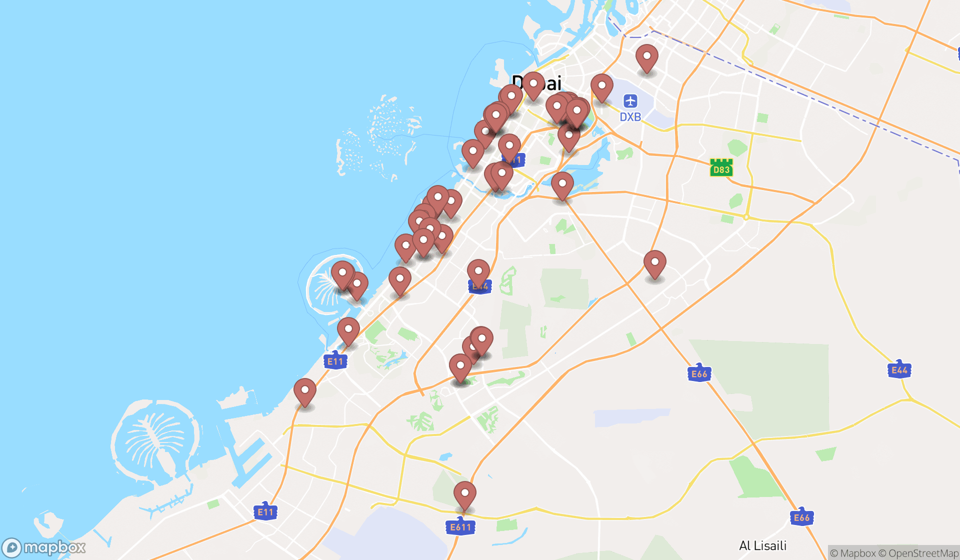Map showing the search results in Dubai