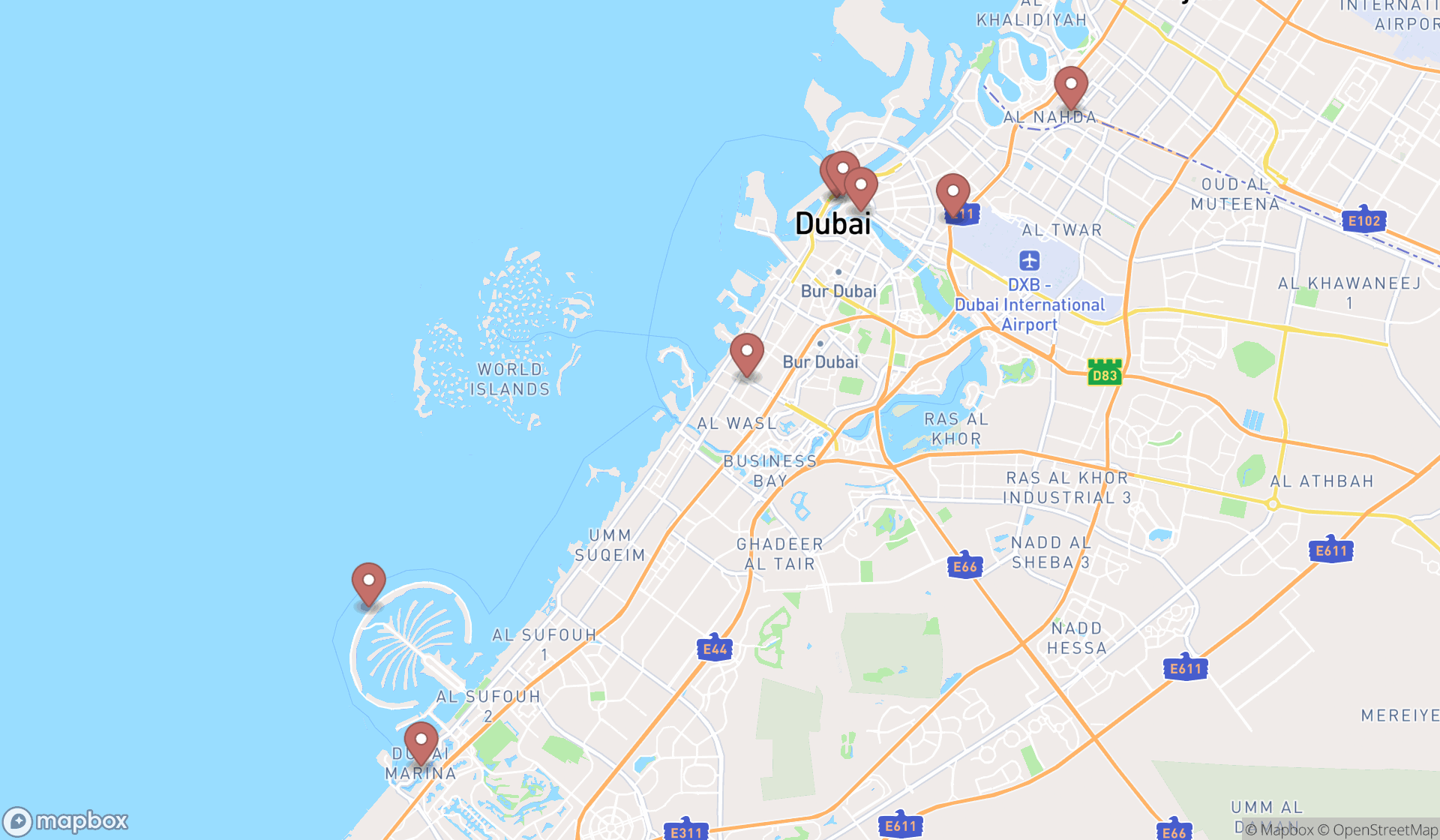 Map showing the search results in Dubai