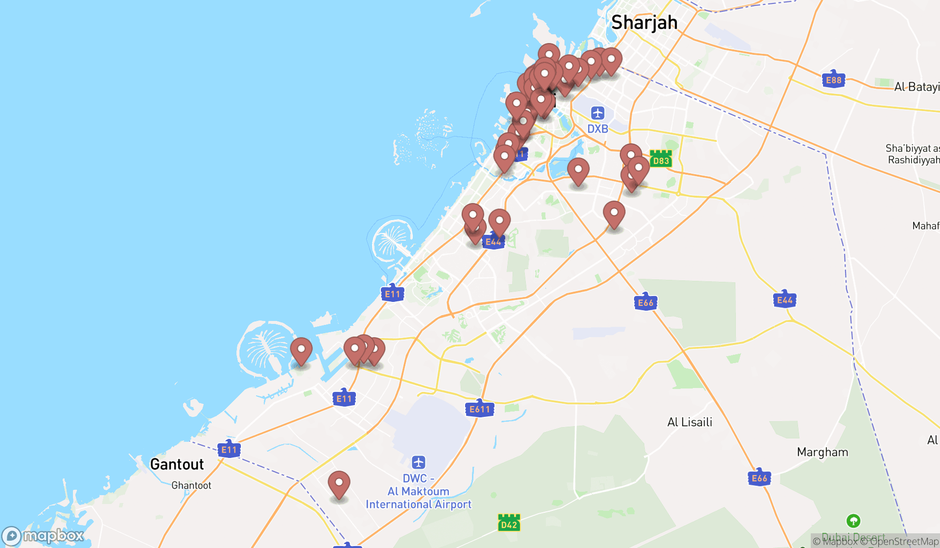 Map showing the search results in Dubai