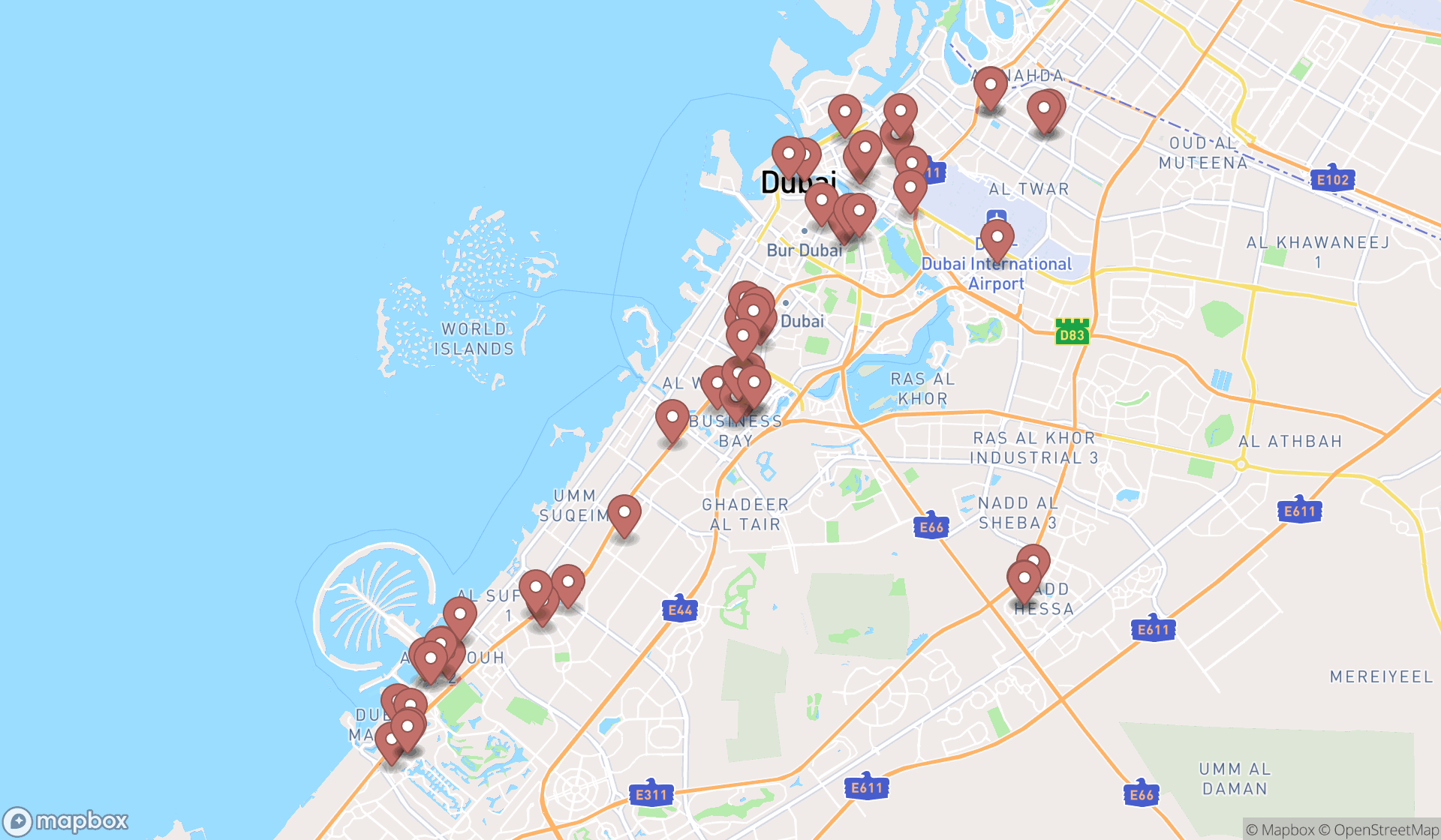 Map showing the search results in Dubai