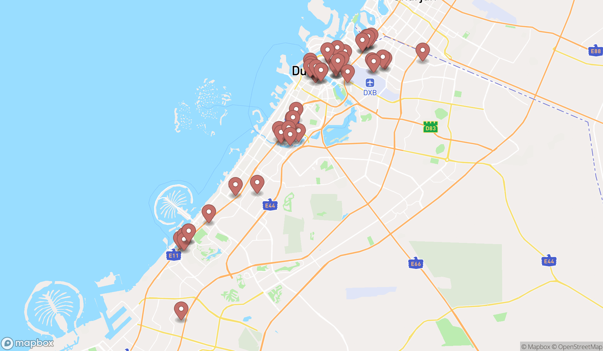 Map showing the search results in Dubai
