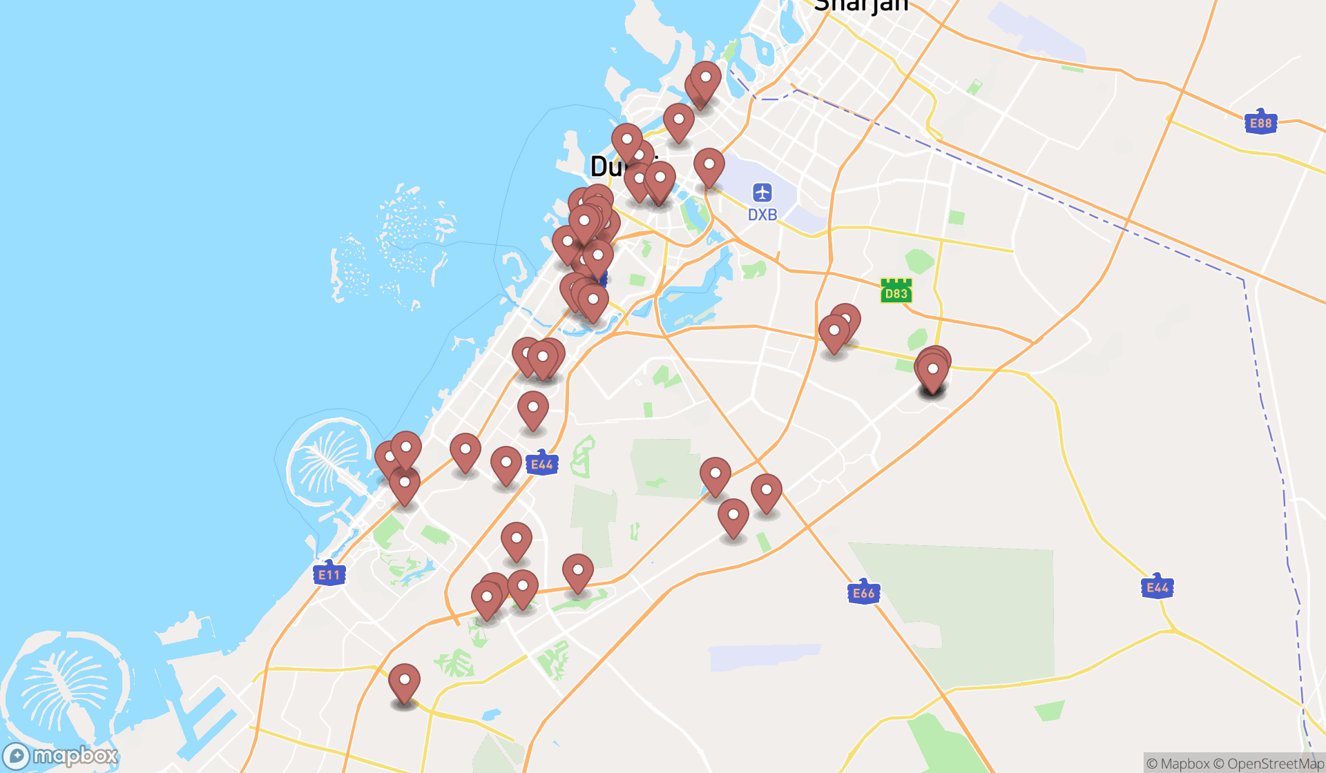 Map showing the search results in Dubai