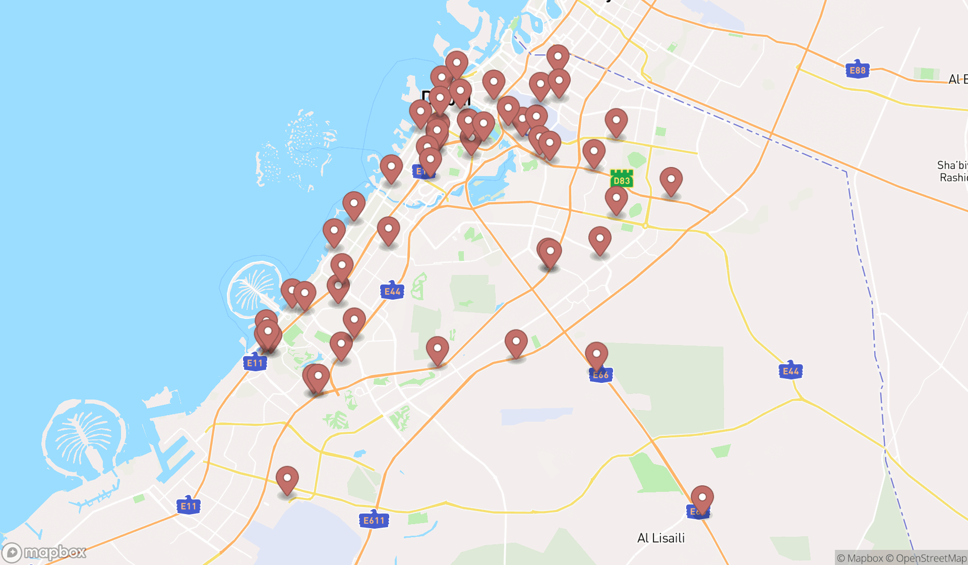 Map showing the search results in Dubai