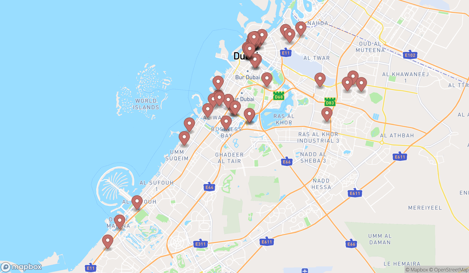 Map showing the search results in Dubai