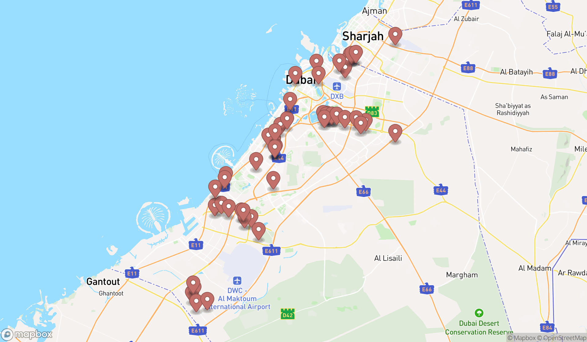 Map showing the search results in Dubai
