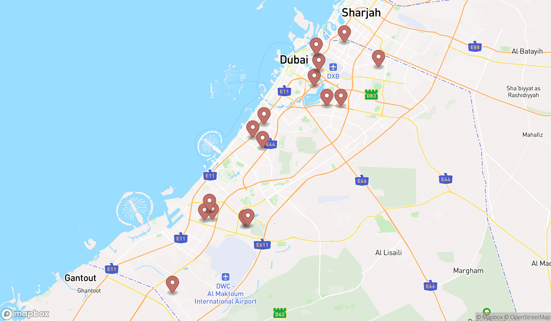 Map showing the search results in Dubai