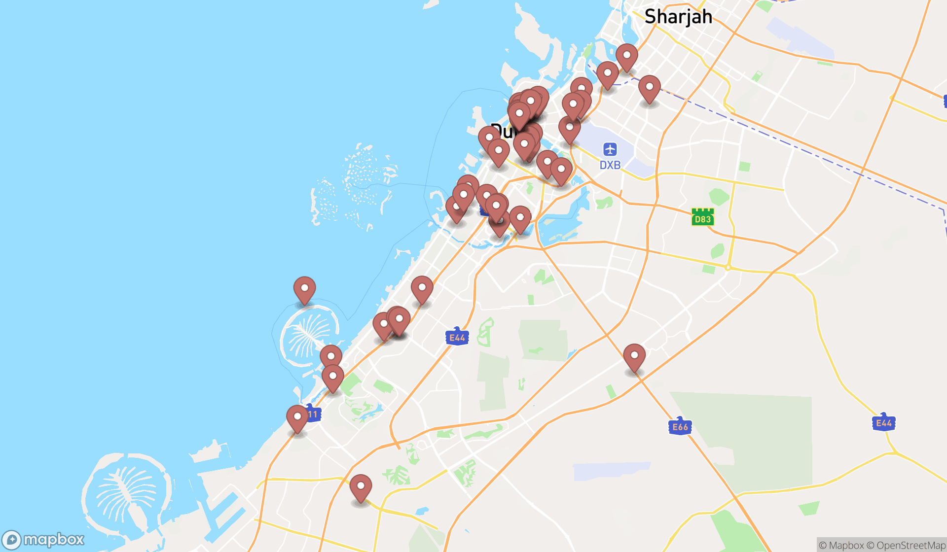 Map showing the search results in Dubai