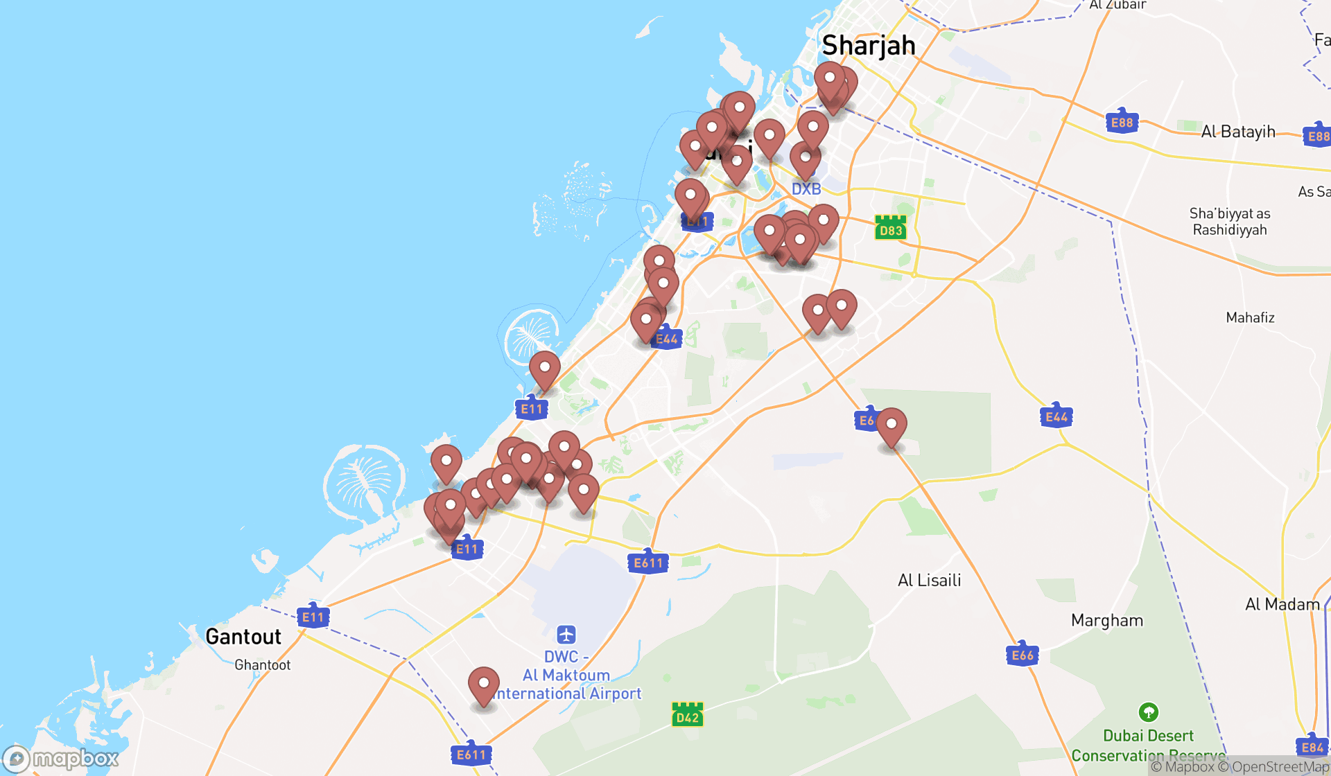 Map showing the search results in Dubai