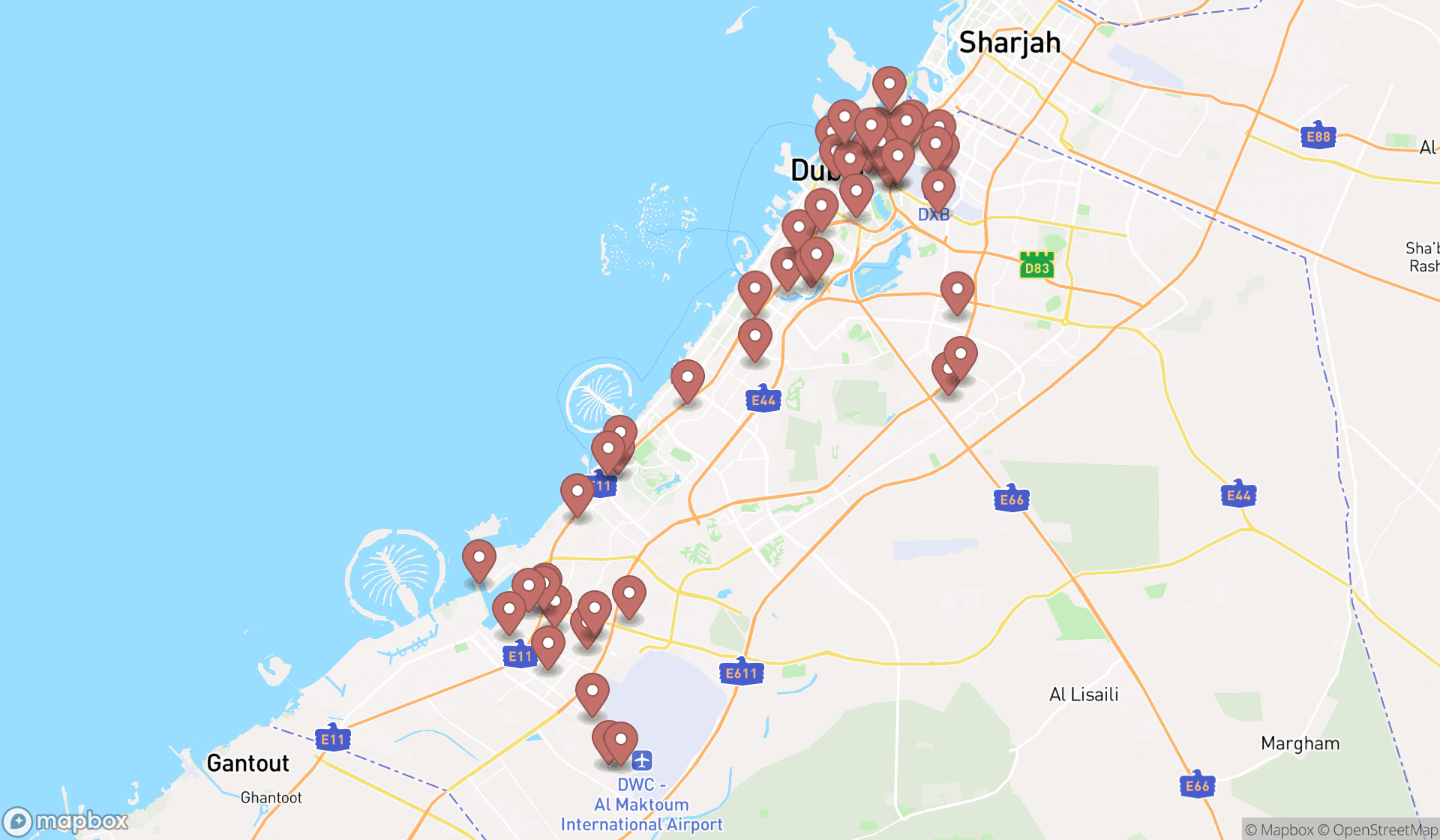 Map showing the search results in Dubai
