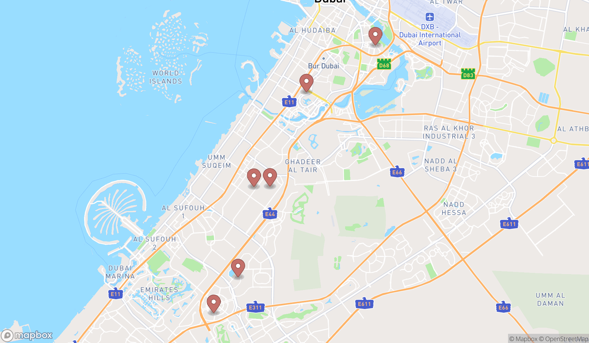 Map showing the search results in Dubai