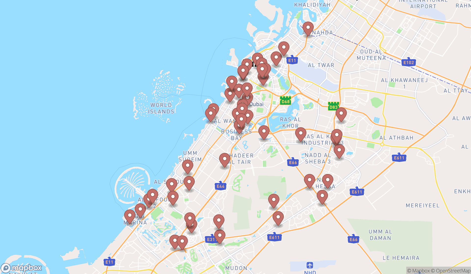 Map showing the search results in Dubai