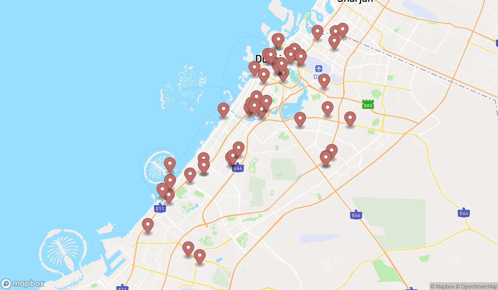 Map showing the search results in Dubai