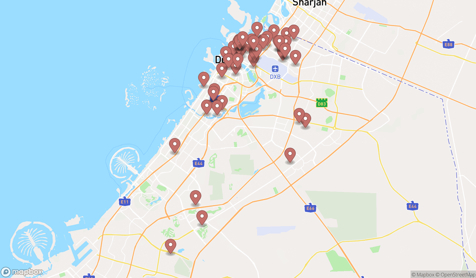 Map showing the search results in Dubai
