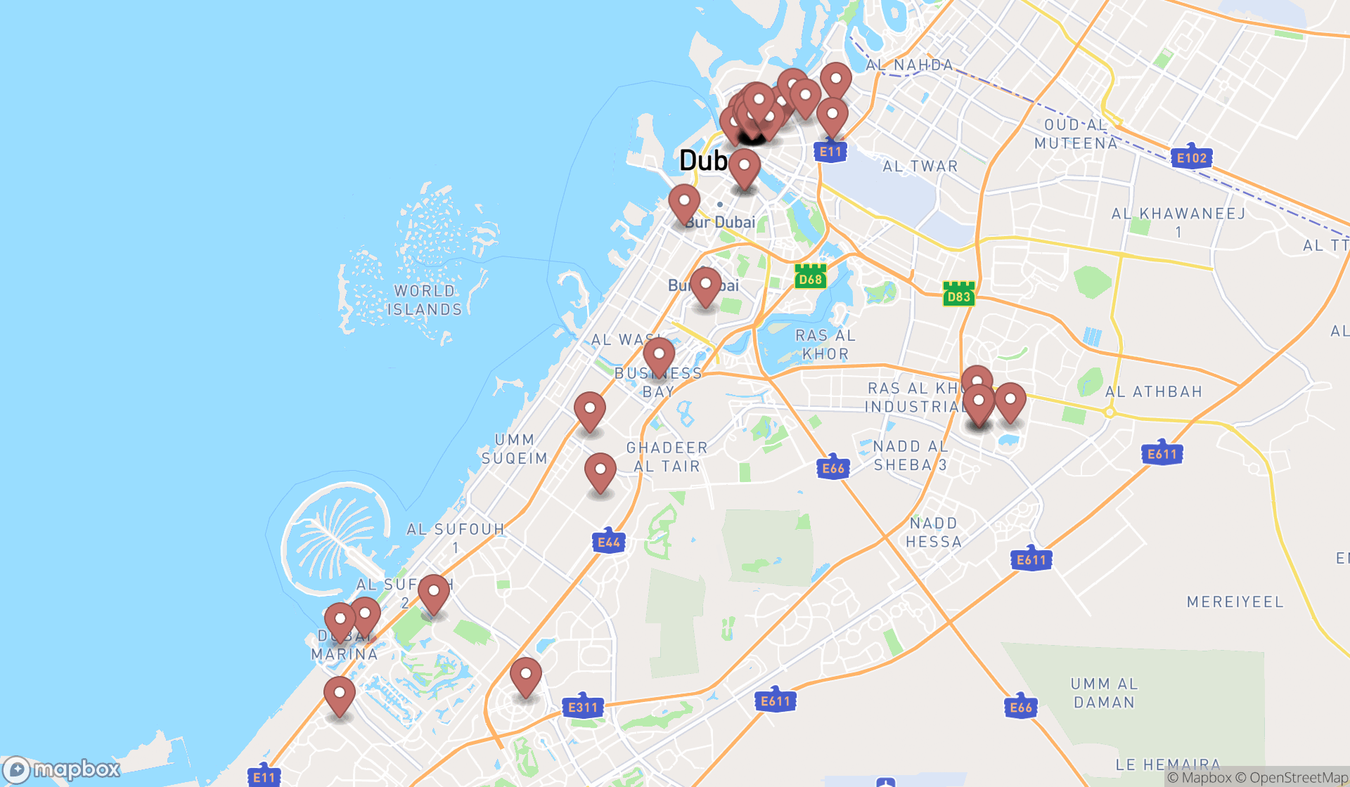 Map showing the search results in Dubai
