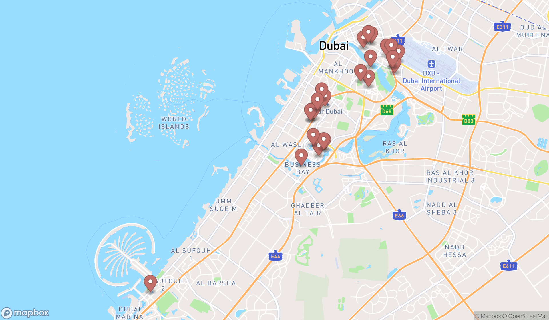 Map showing the search results in Dubai