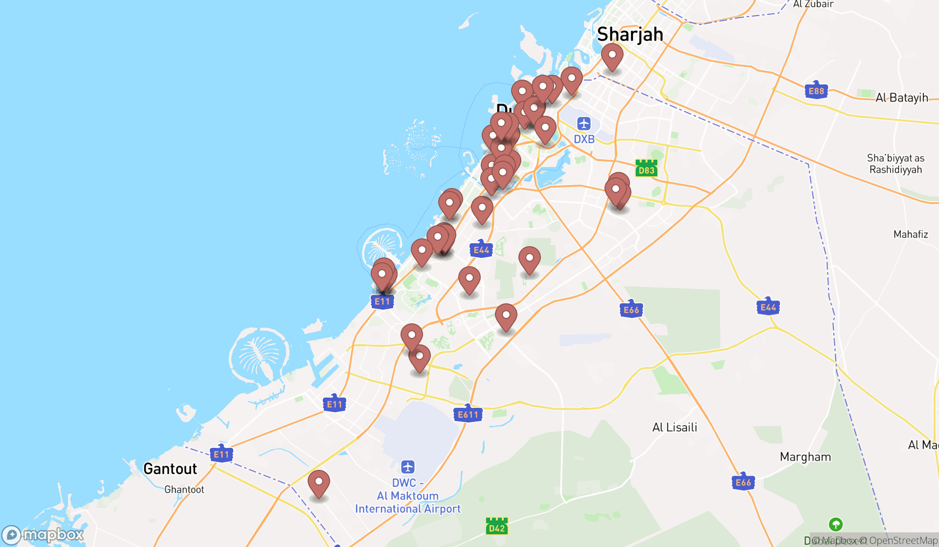 Map showing the search results in Dubai
