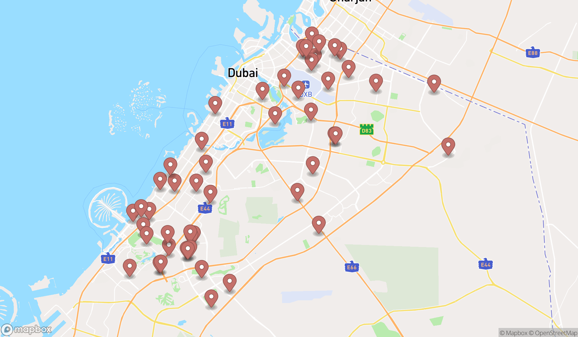 Map showing the search results in Dubai