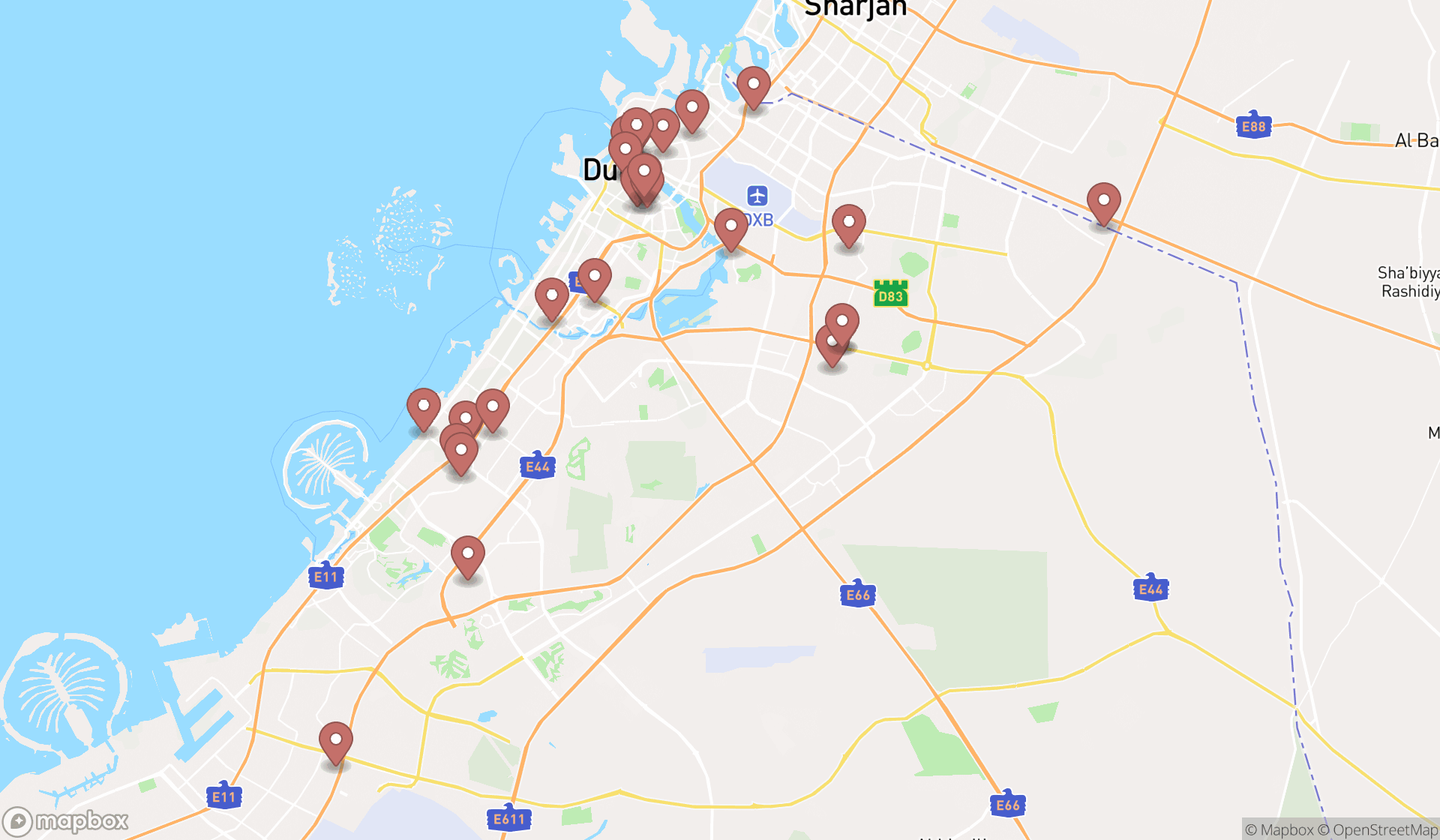 Map showing the search results in Dubai