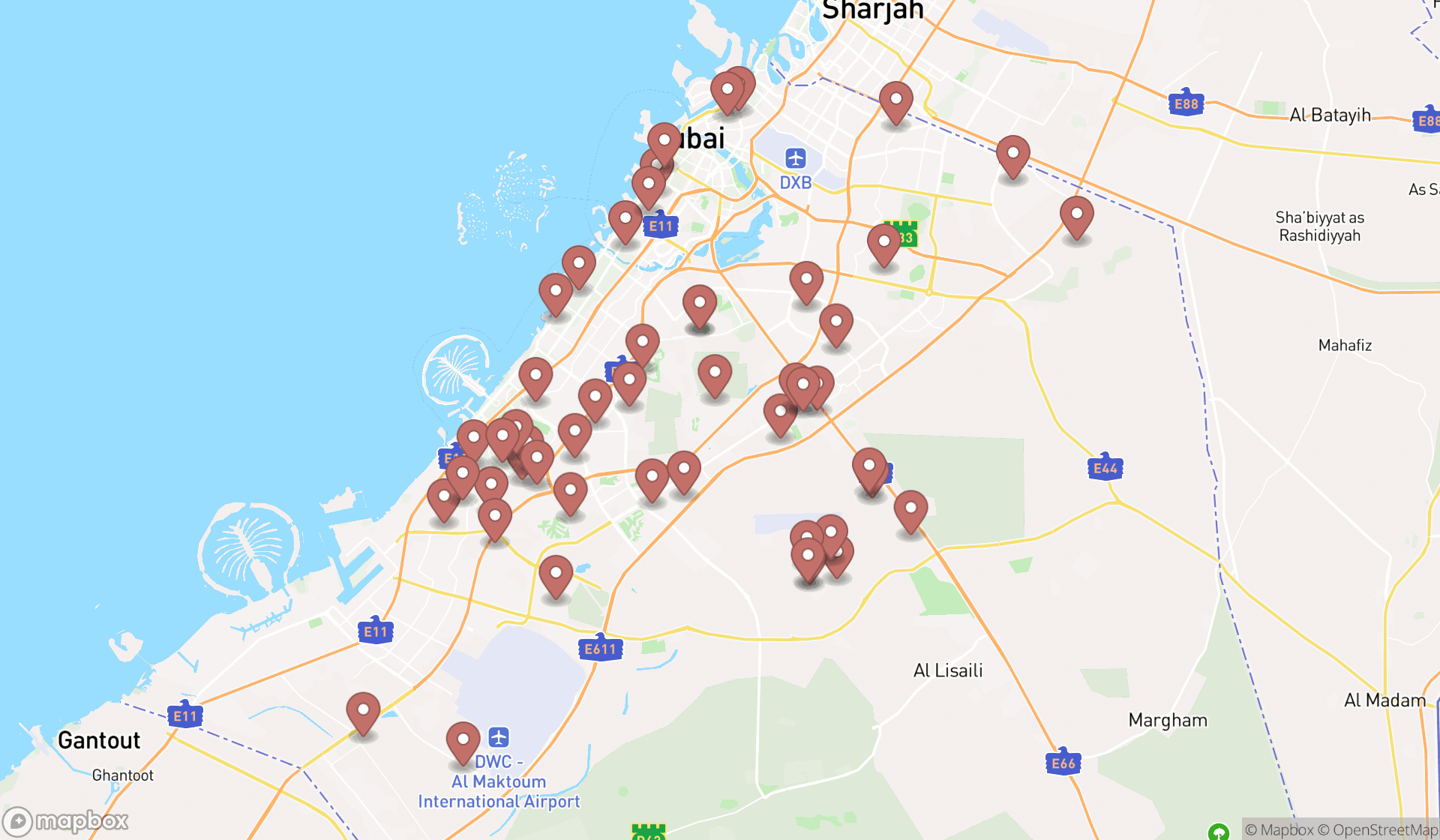 Map showing the search results in Dubai