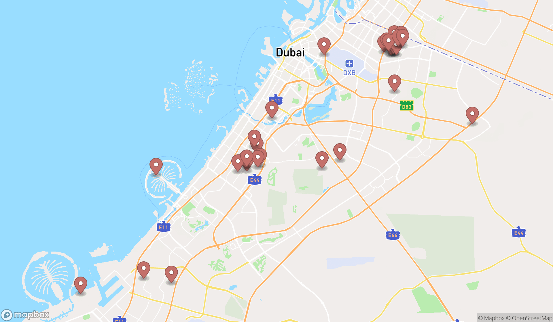 Map showing the search results in Dubai