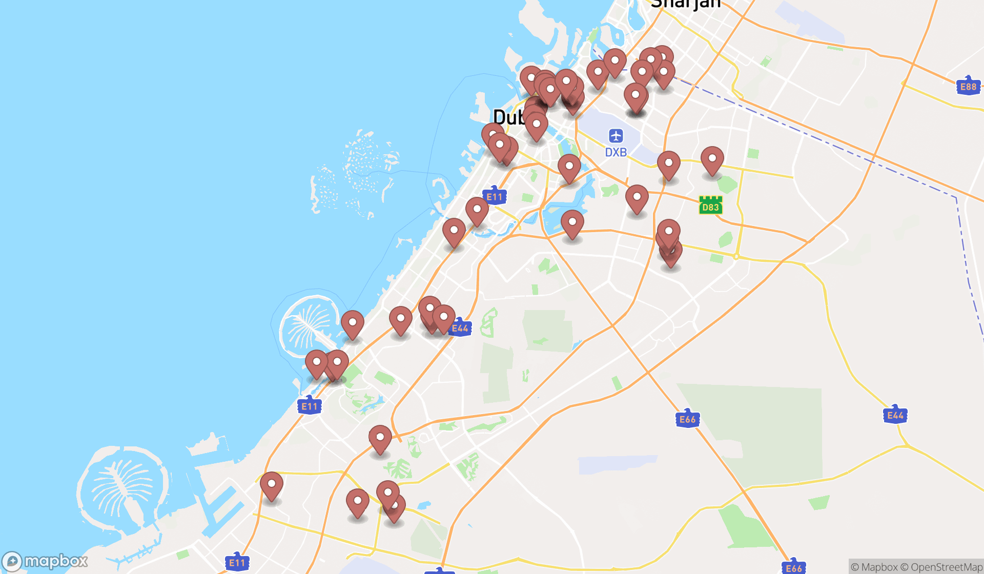 Map showing the search results in Dubai