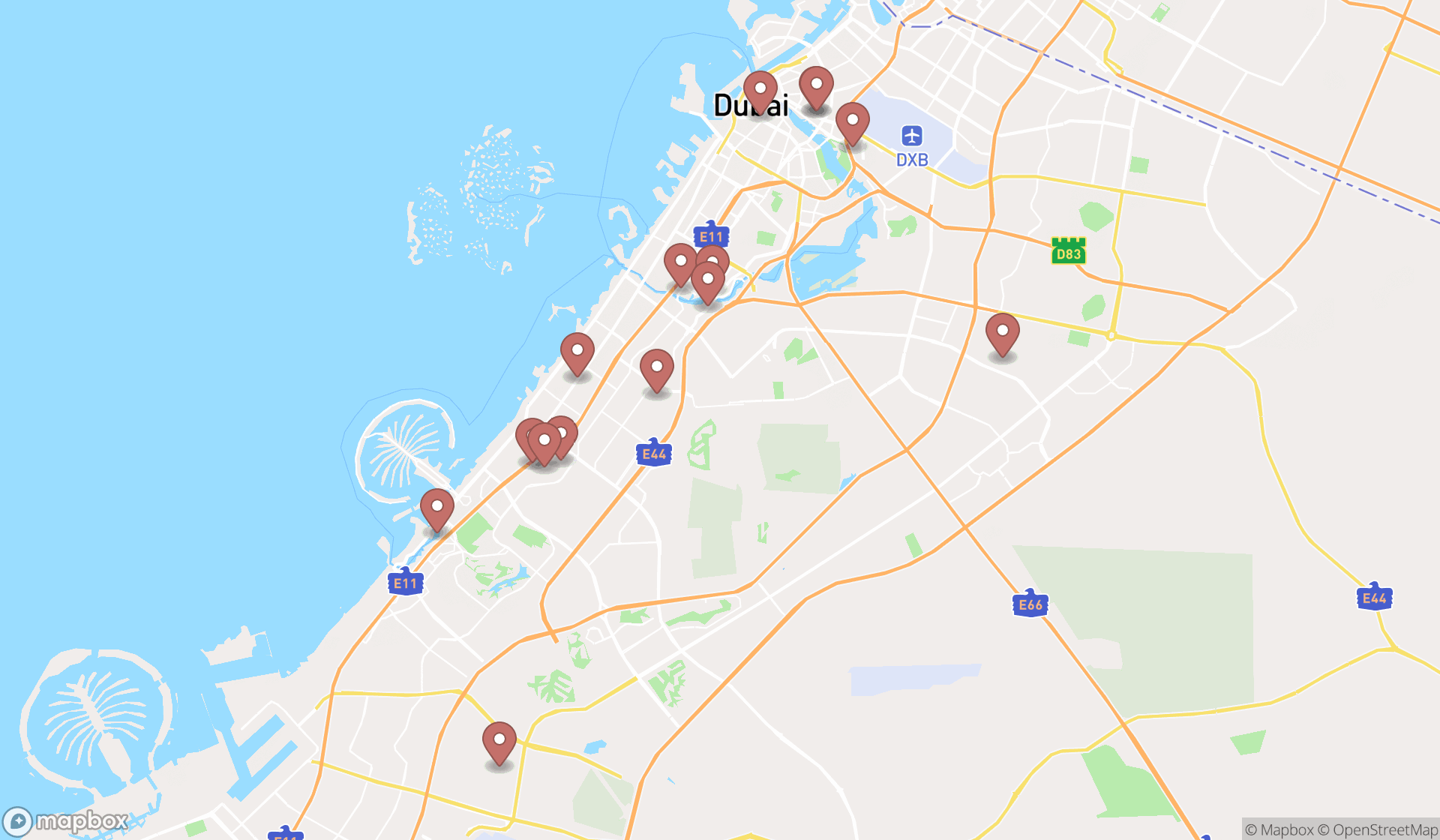 Map showing the search results in Dubai