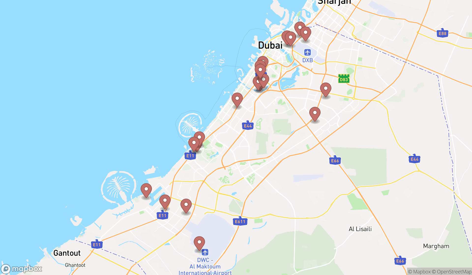 Map showing the search results in Dubai