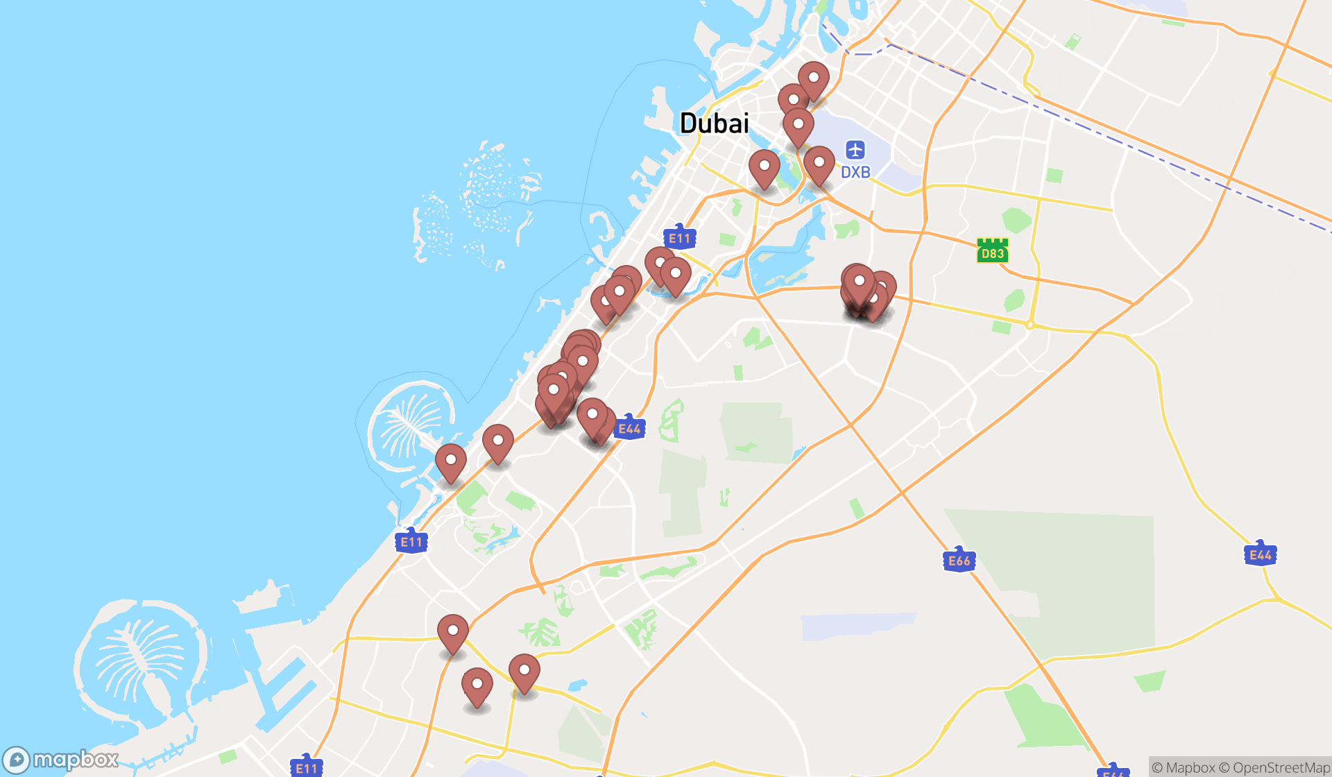 Map showing the search results in Dubai