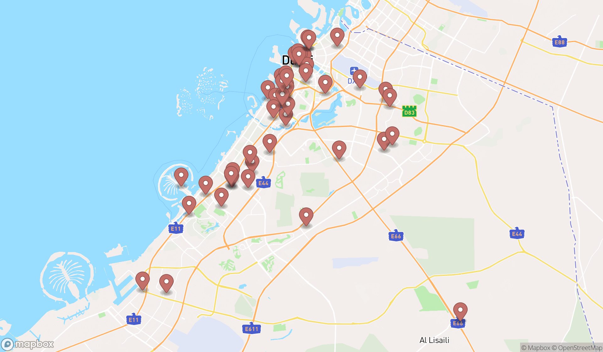 Map showing the search results in Dubai