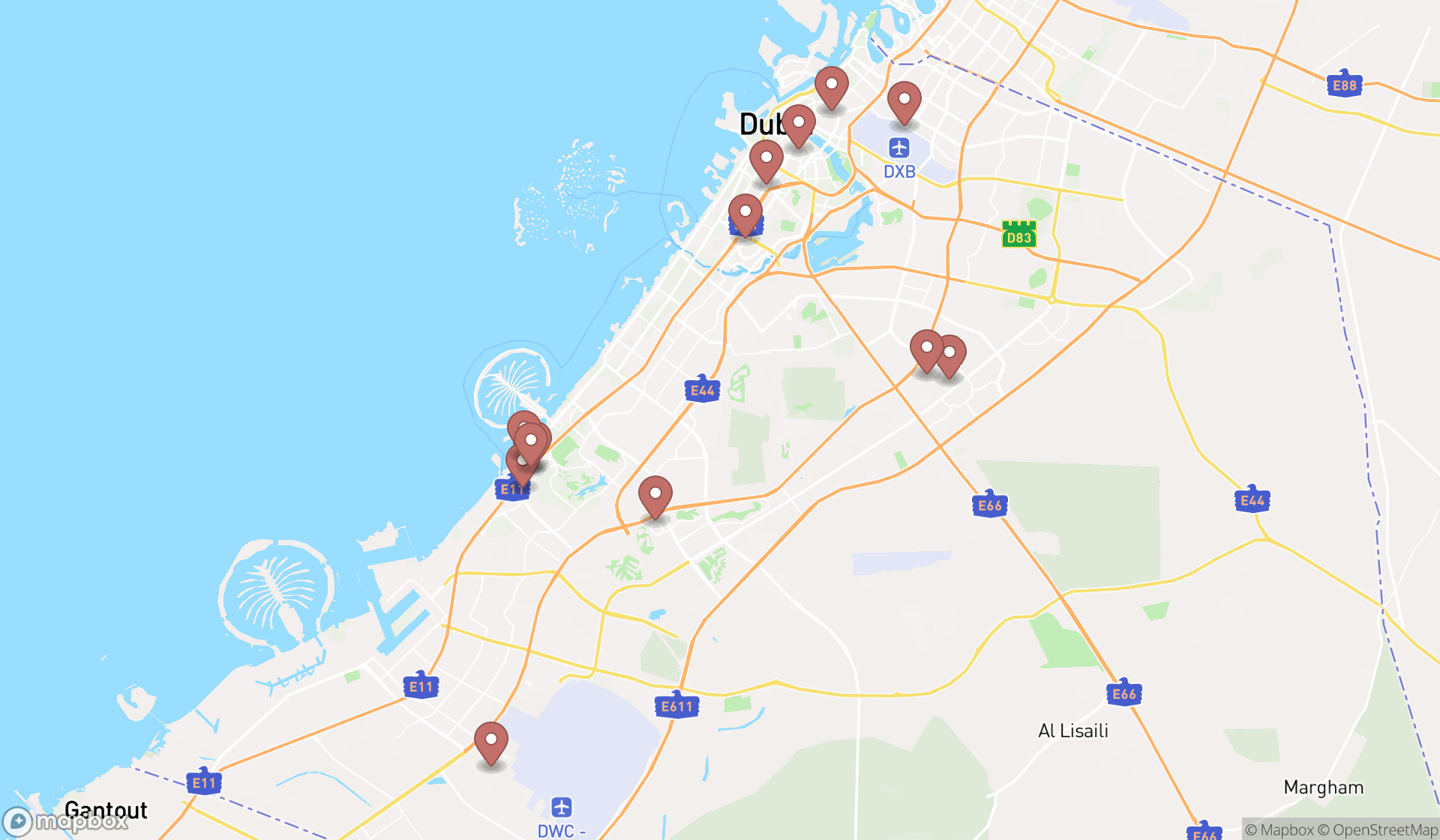 Map showing the search results in Dubai