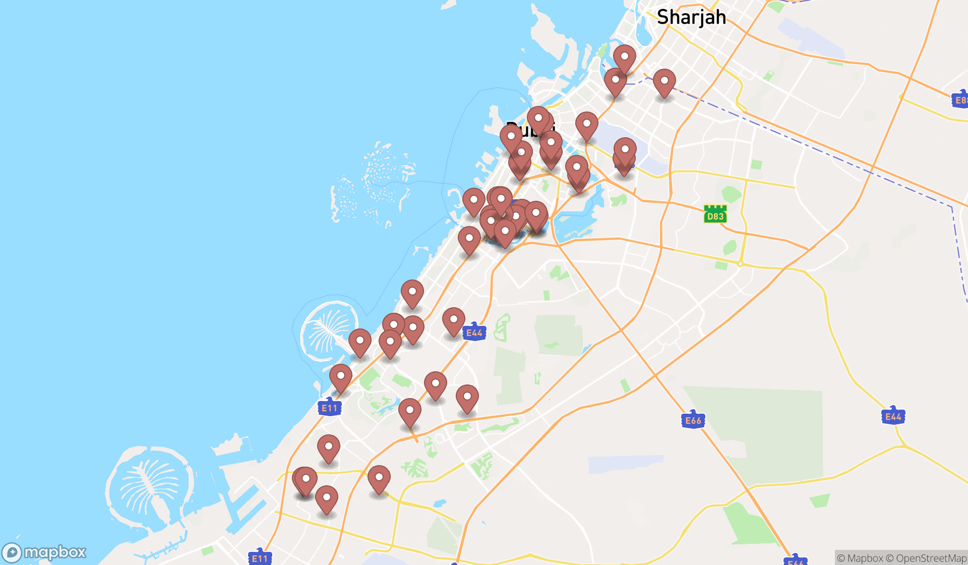 Map showing the search results in Dubai