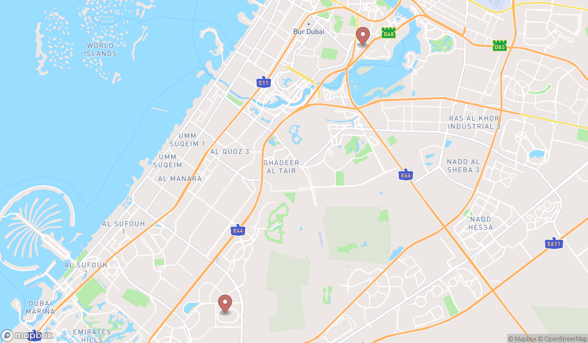 Map showing the search results in Dubai