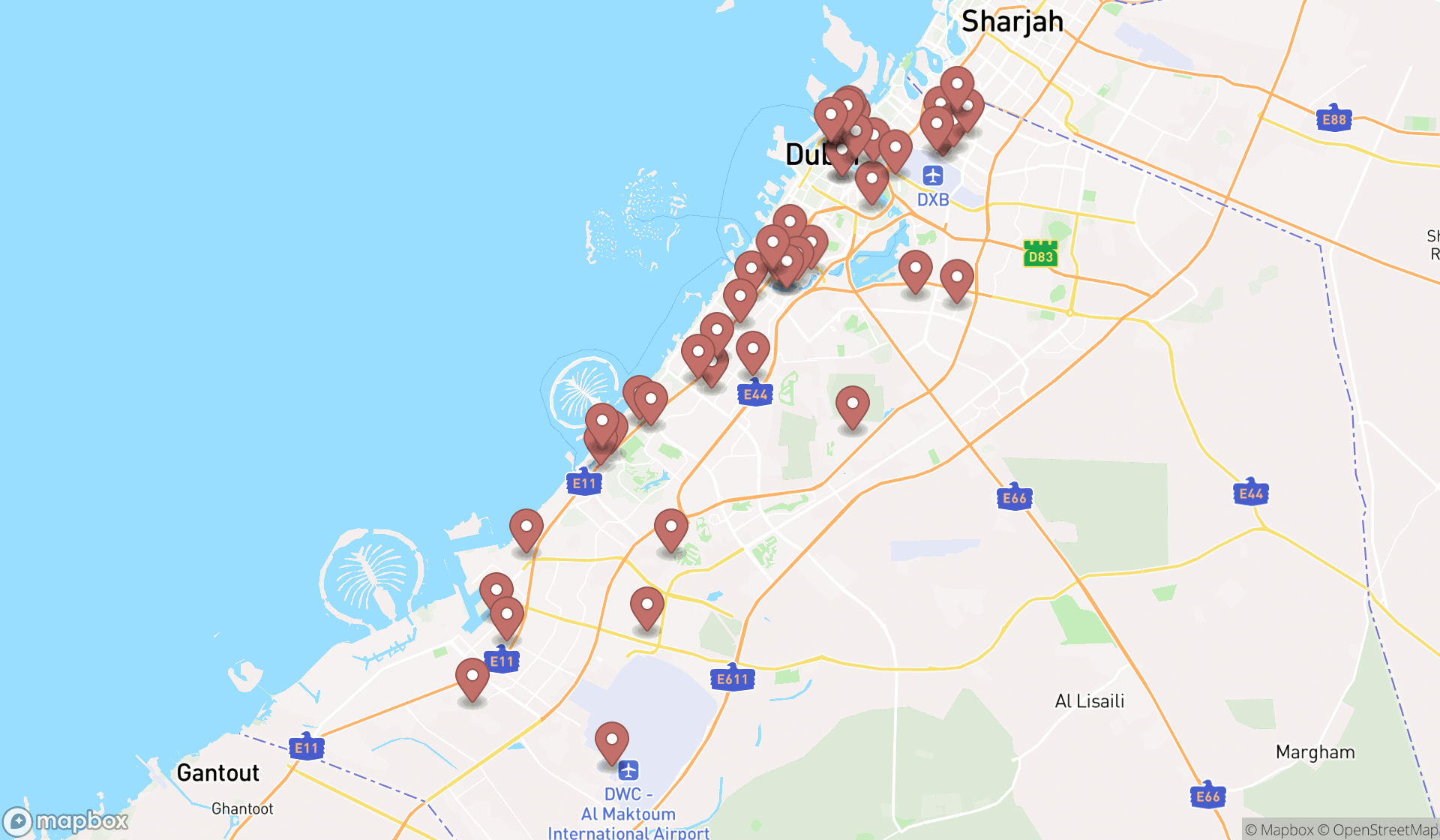 Map showing the search results in Dubai