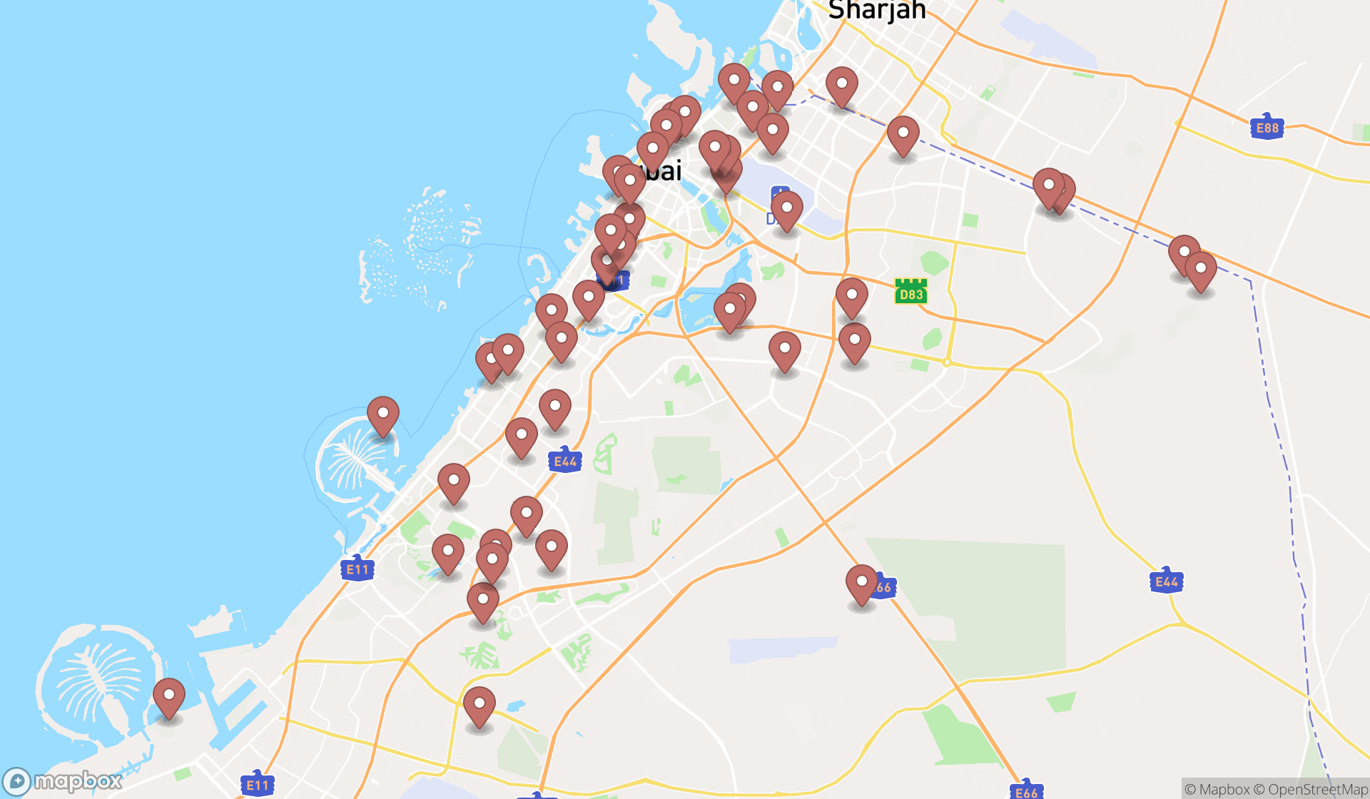 Map showing the search results in Dubai