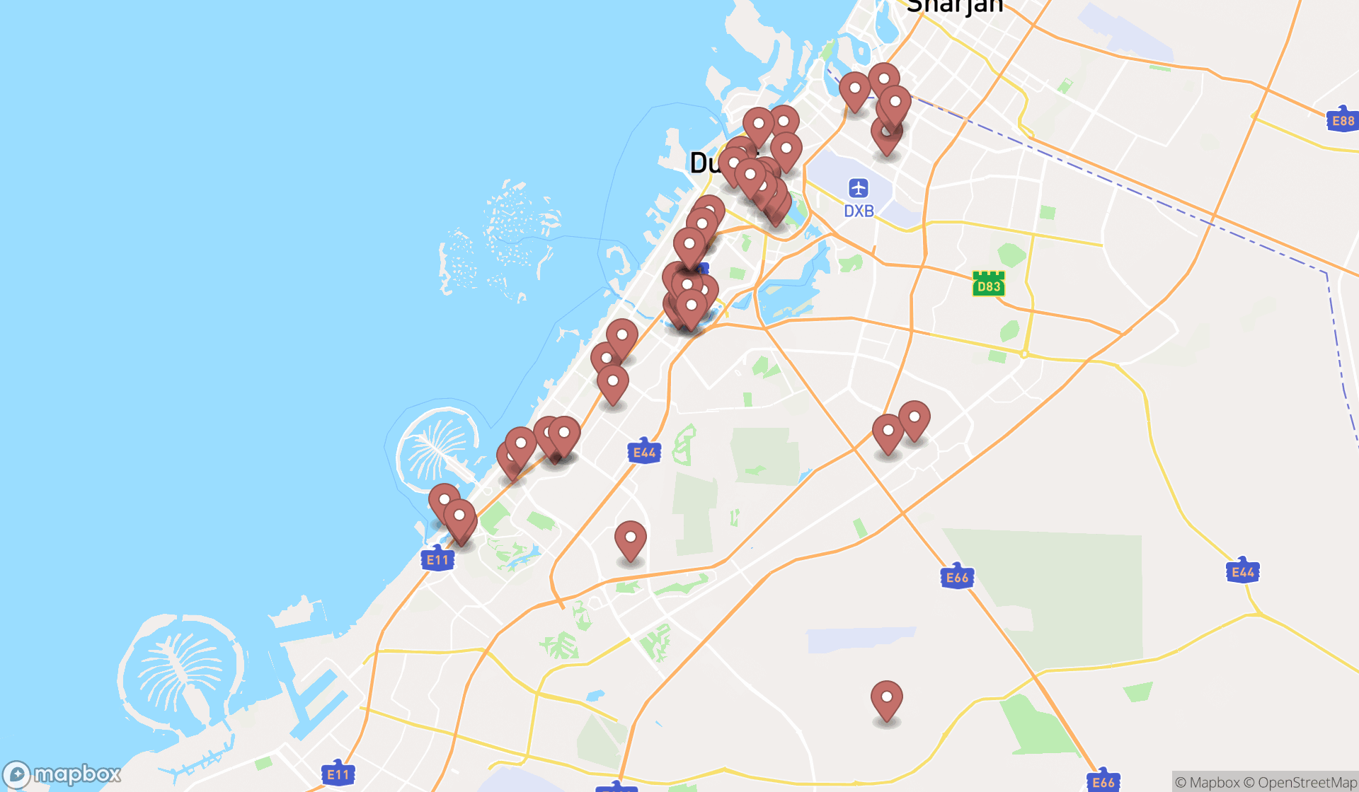 Map showing the search results in Dubai