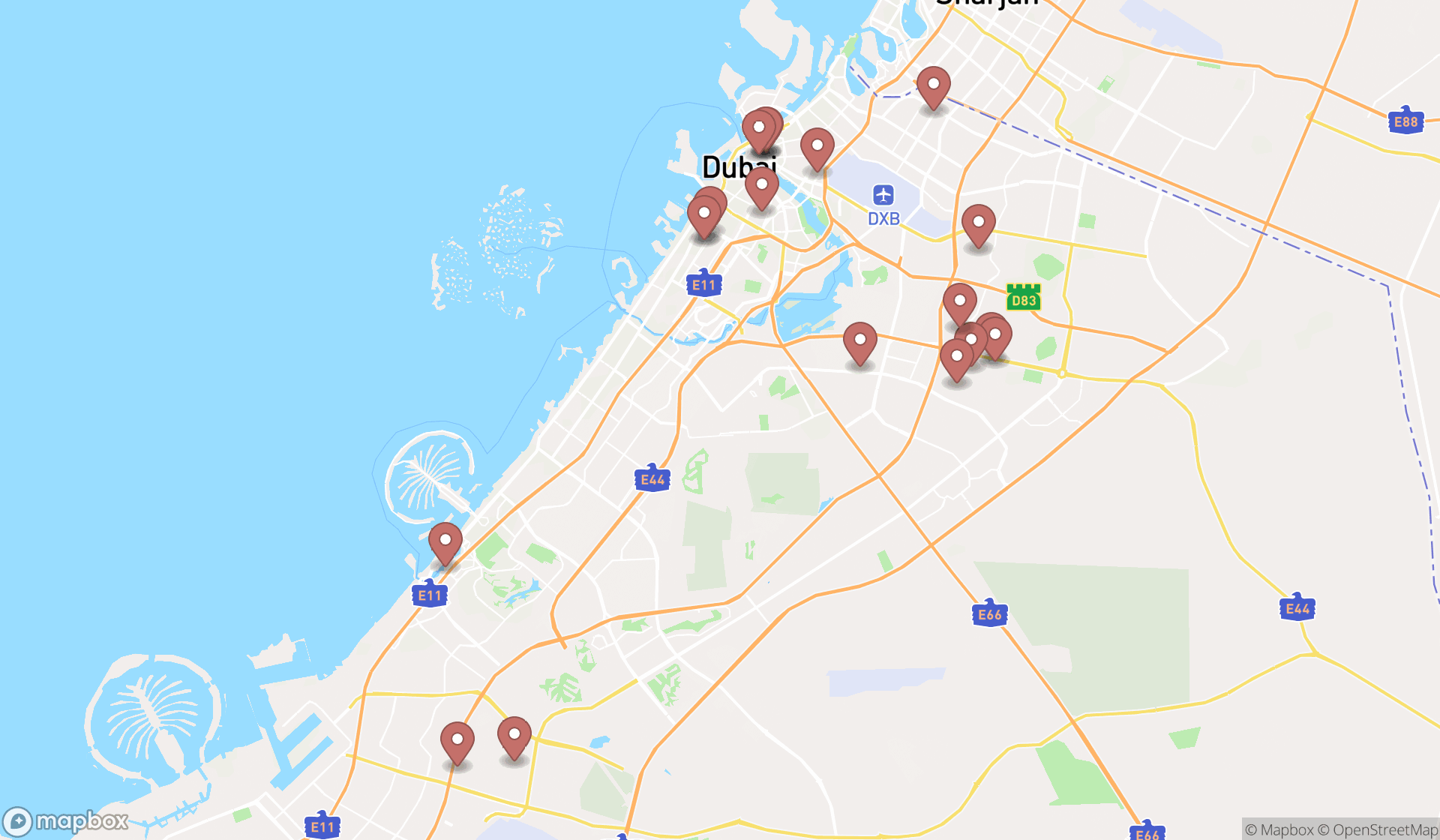 Map showing the search results in Dubai