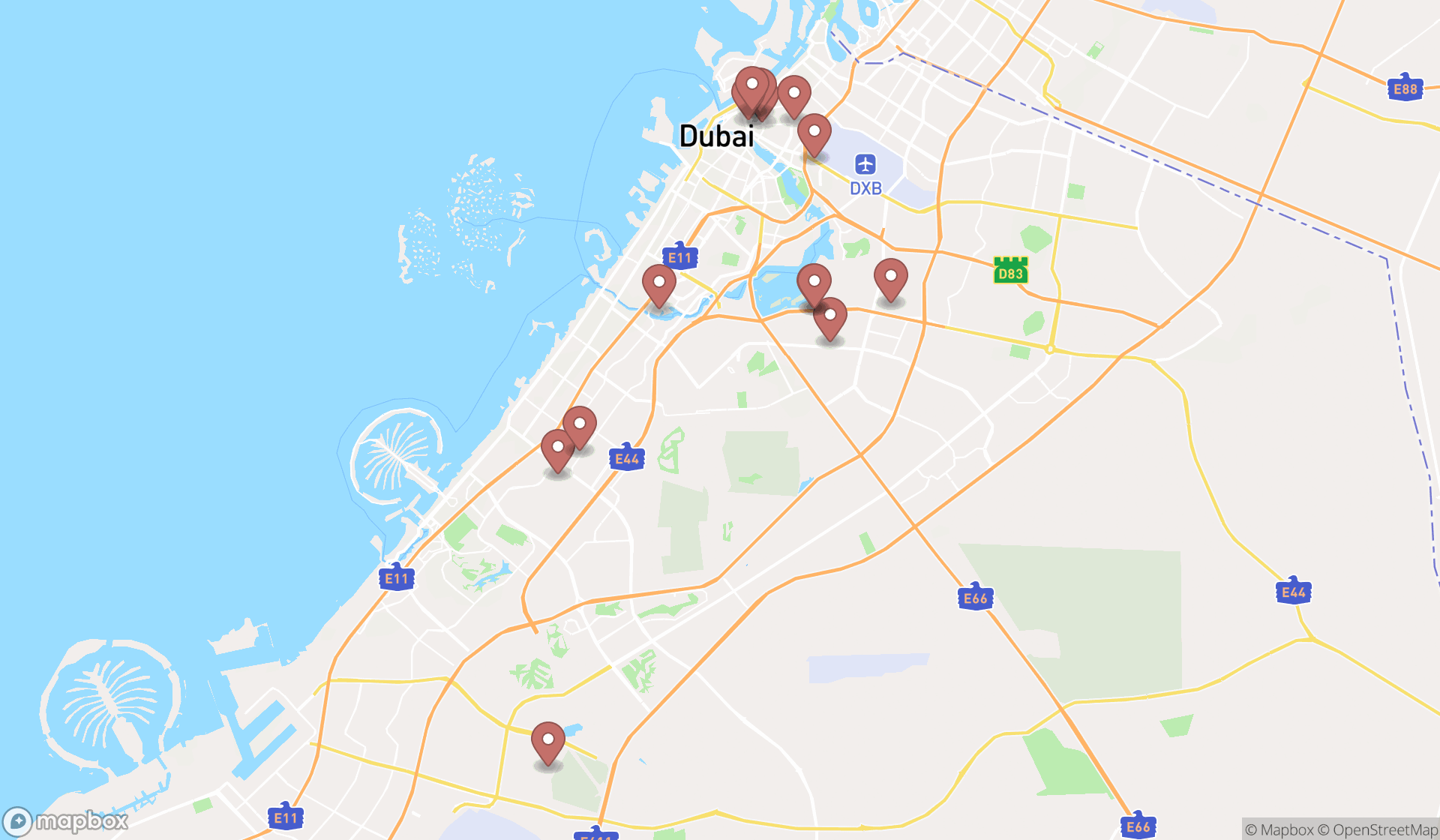 Map showing the search results in Dubai