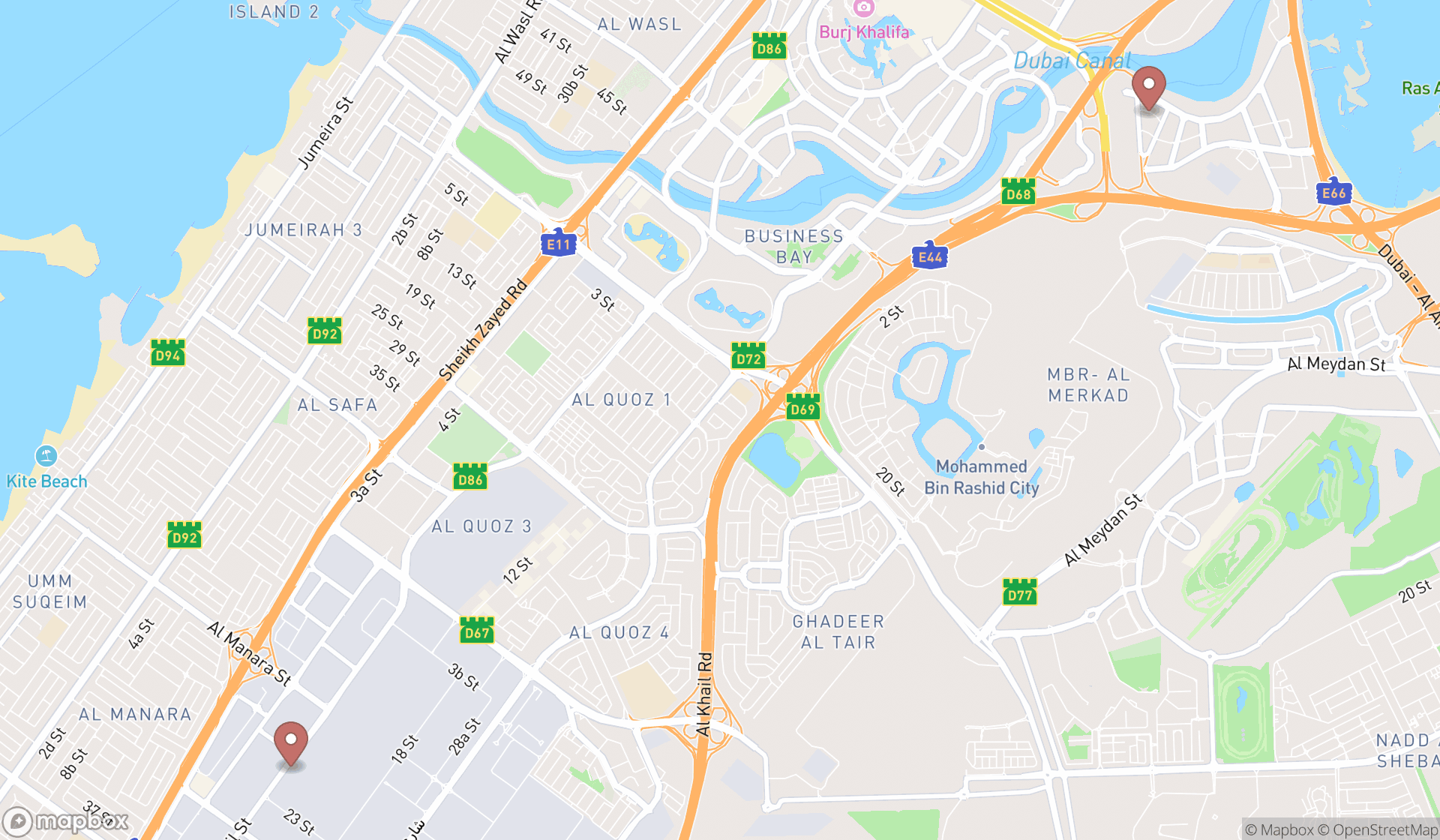 Map showing the search results in Dubai