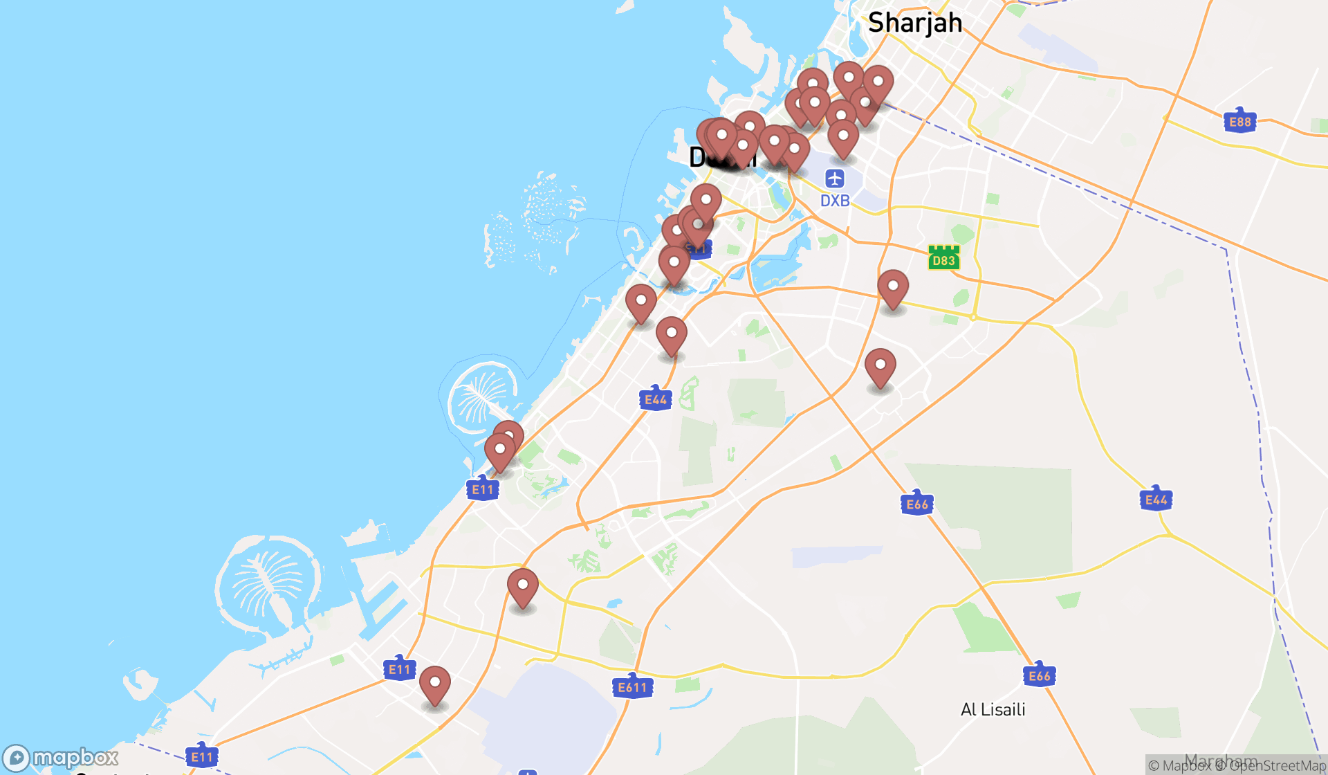 Map showing the search results in Dubai