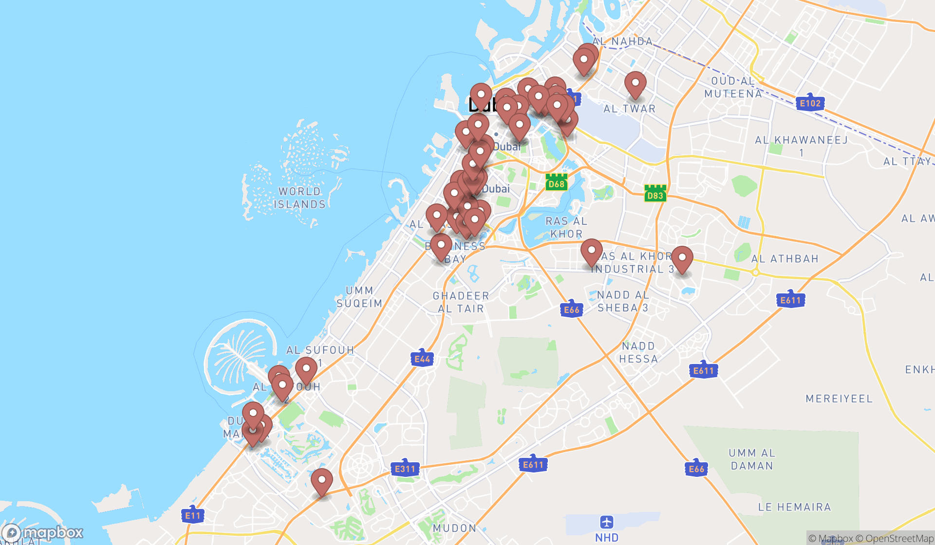 Map showing the search results in Dubai