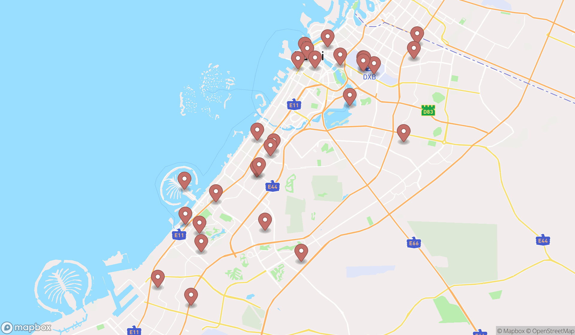 Map showing the search results in Dubai