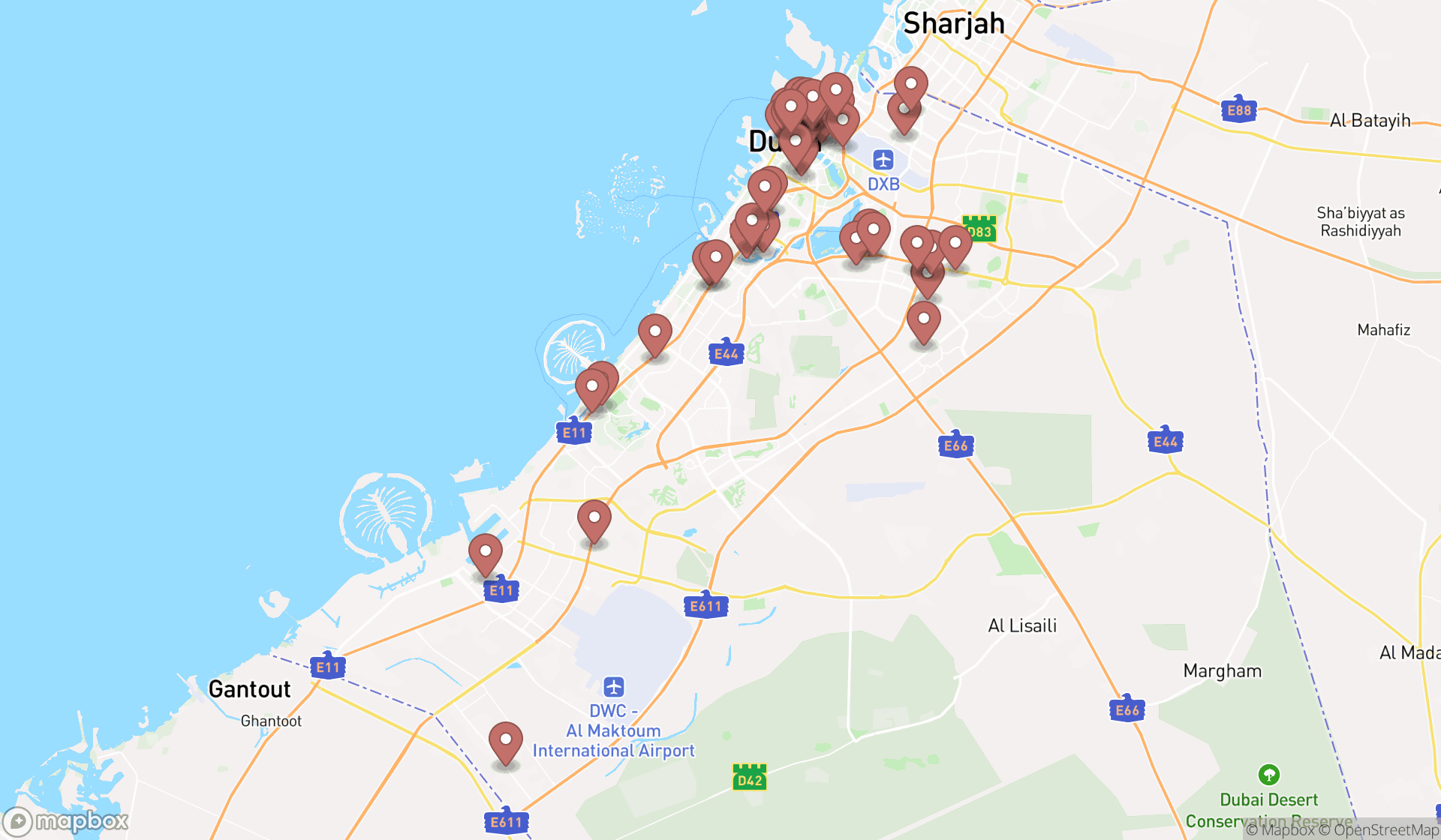 Map showing the search results in Dubai