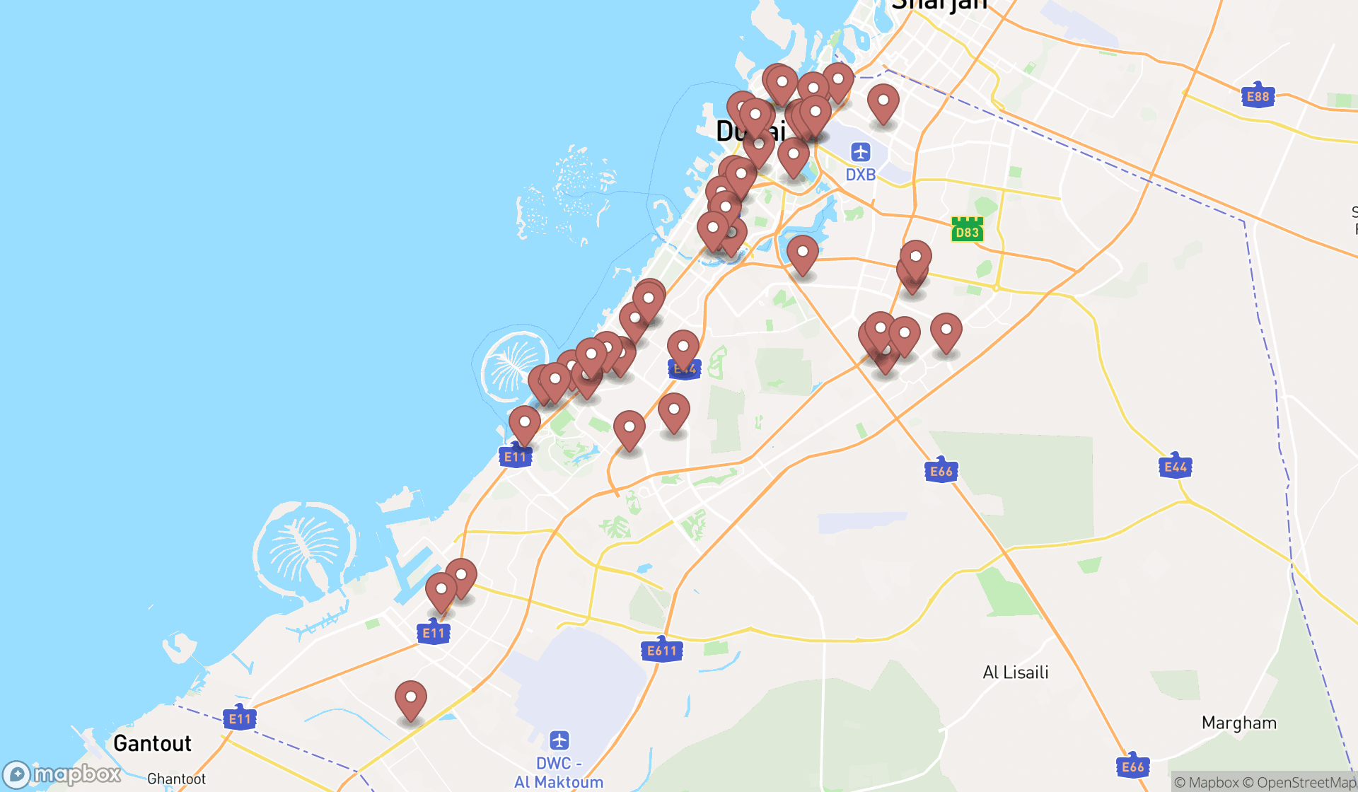 Map showing the search results in Dubai