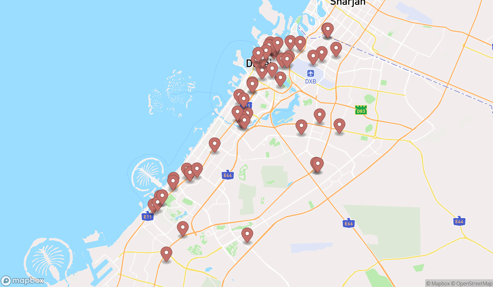 Map showing the search results in Dubai