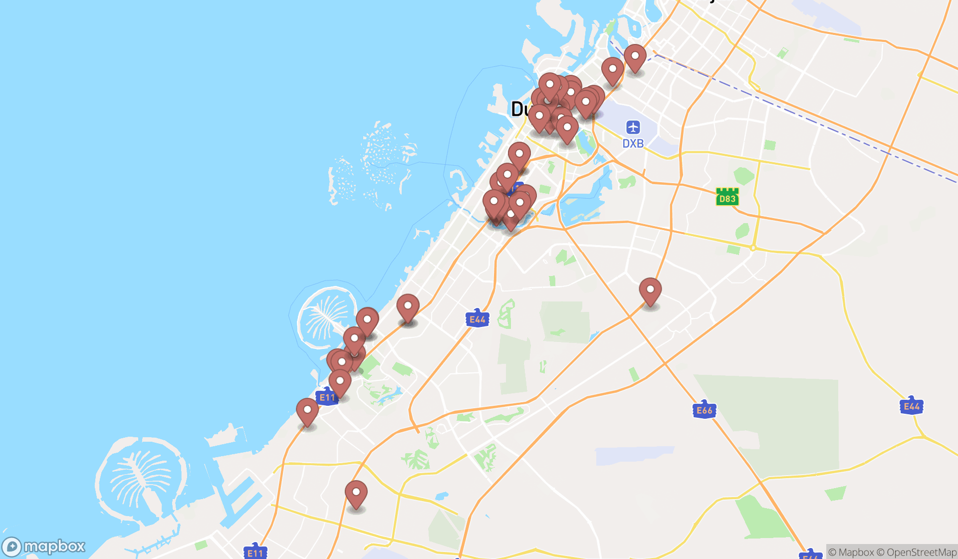 Map showing the search results in Dubai